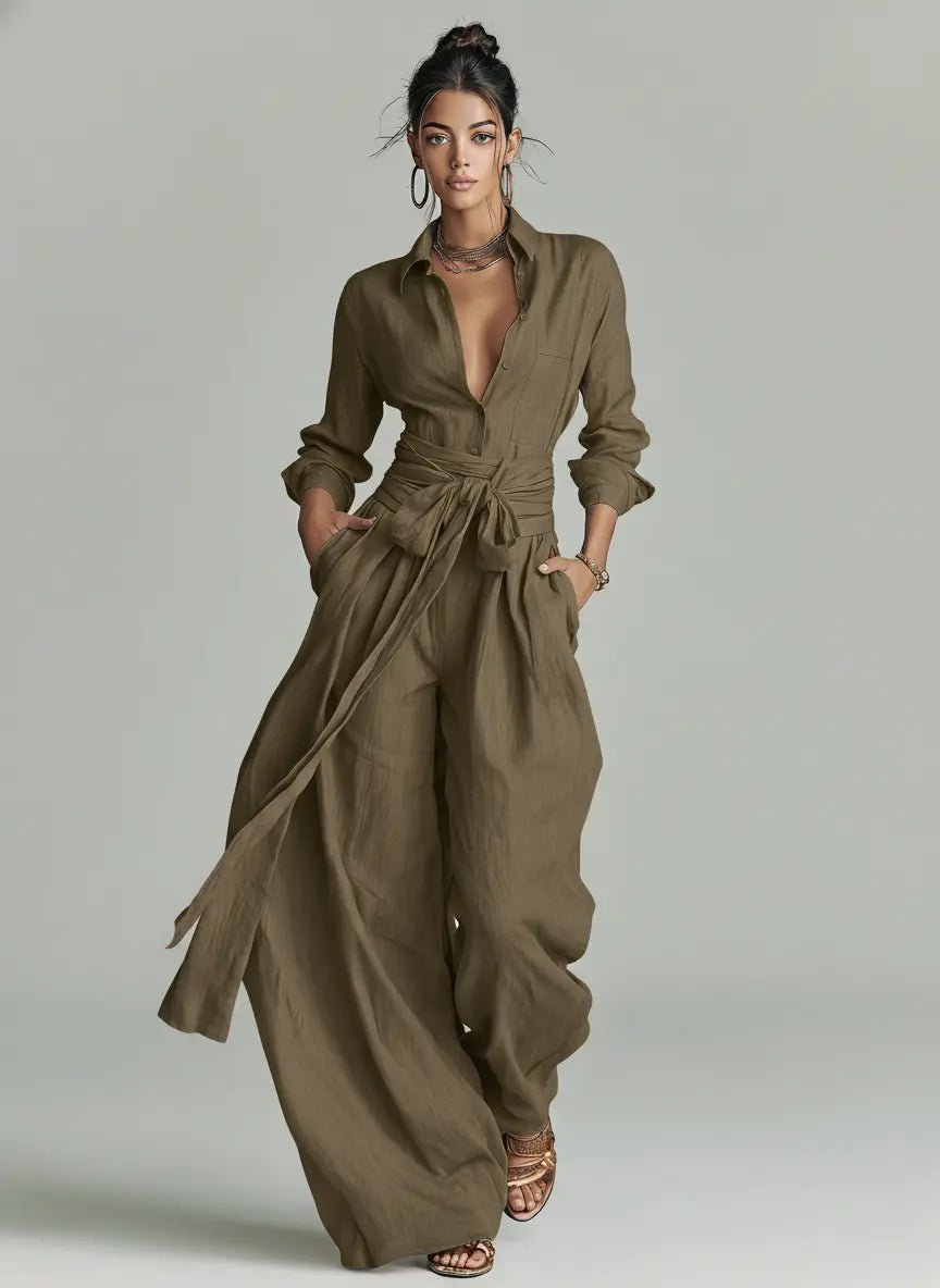 Combinaison Femme | Col Chemise à Manches Longues avec Ceinture à Nouer & Jambes Amples