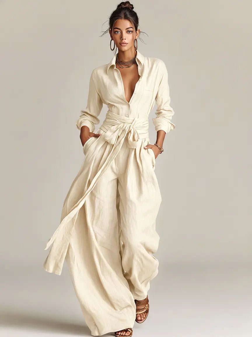 Combinaison Femme | Col Chemise à Manches Longues avec Ceinture à Nouer & Jambes Amples