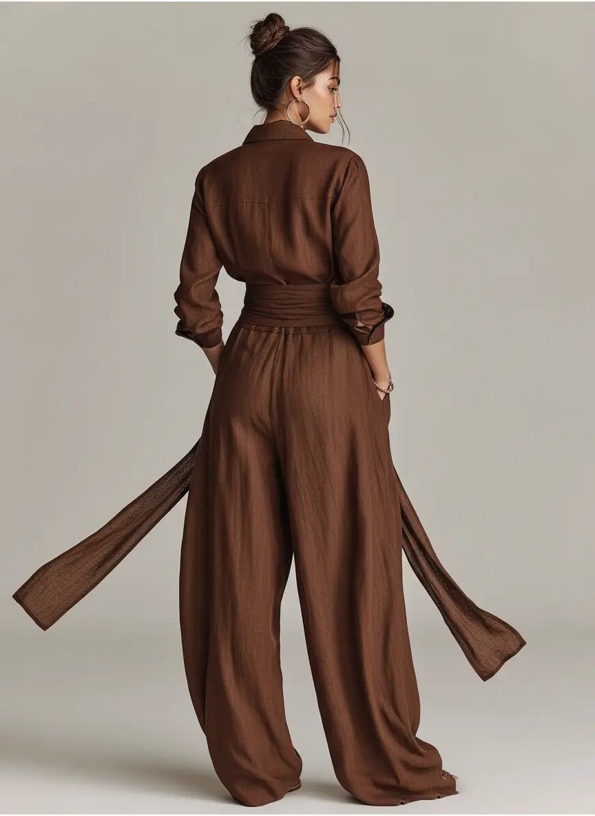 Combinaison Femme | Col Chemise à Manches Longues avec Ceinture à Nouer & Jambes Amples