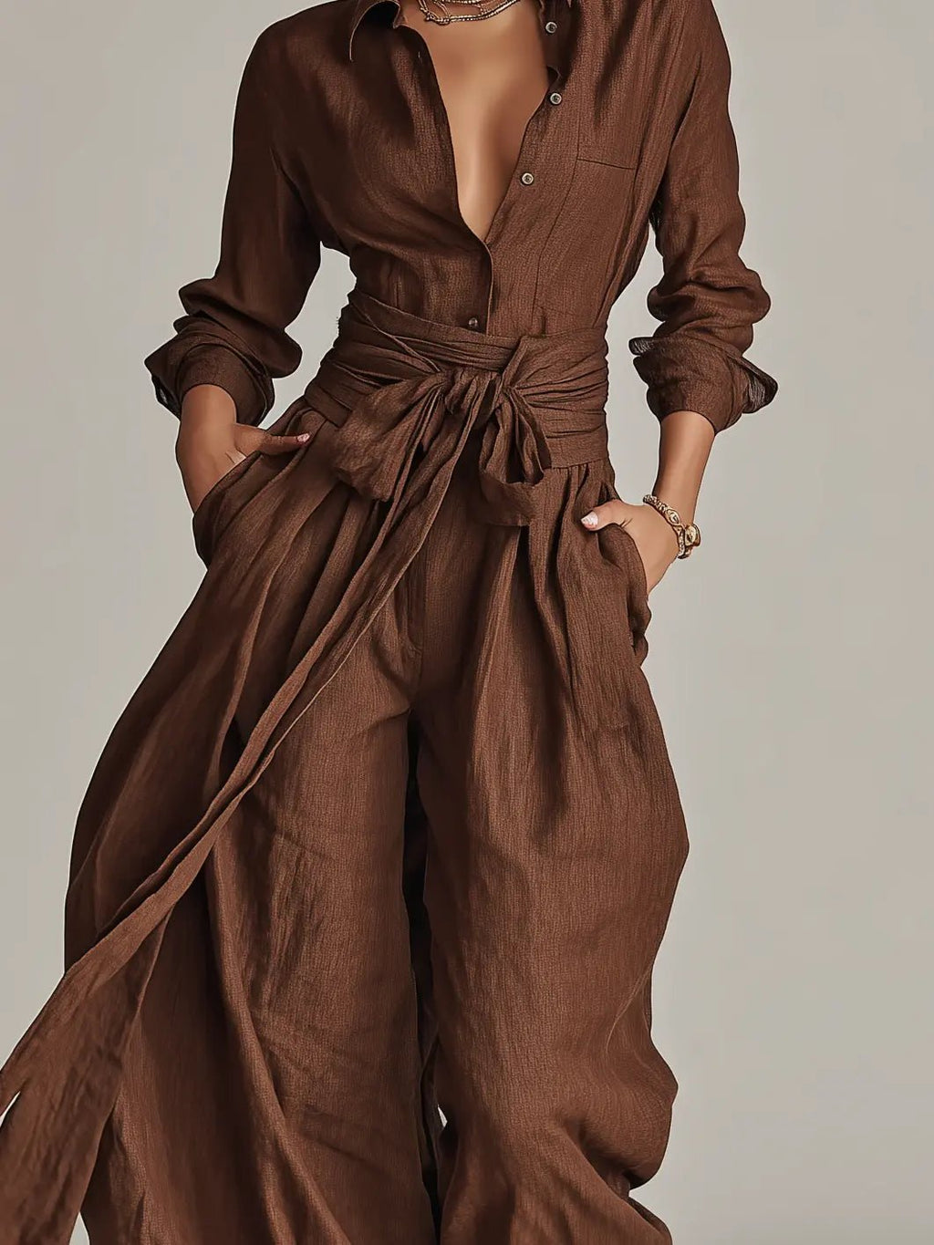 Combinaison Femme | Col Chemise à Manches Longues avec Ceinture à Nouer & Jambes Amples