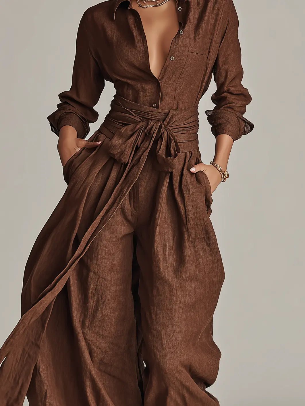 Combinaison Femme | Col Chemise à Manches Longues avec Ceinture à Nouer & Jambes Amples