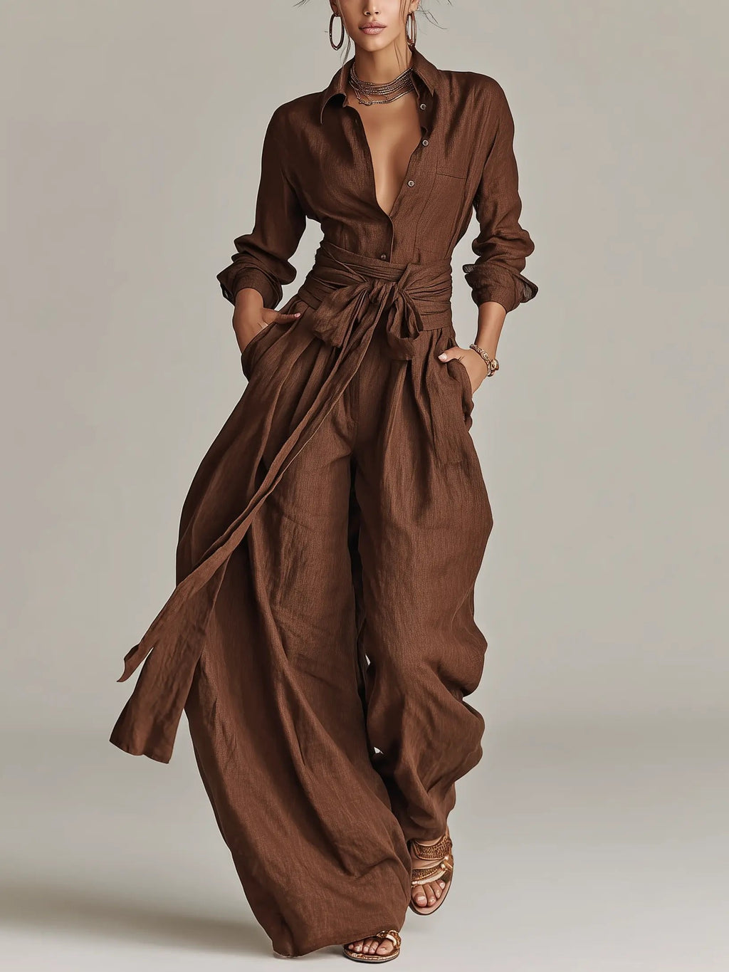 Combinaison Femme | Col Chemise à Manches Longues avec Ceinture à Nouer & Jambes Amples