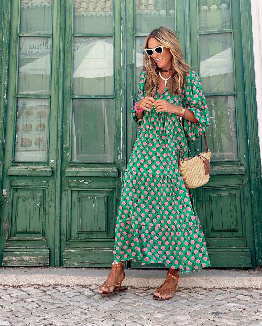 Robe Longue Bohème avec Imprimé Géométrique et Col en V pour Femme