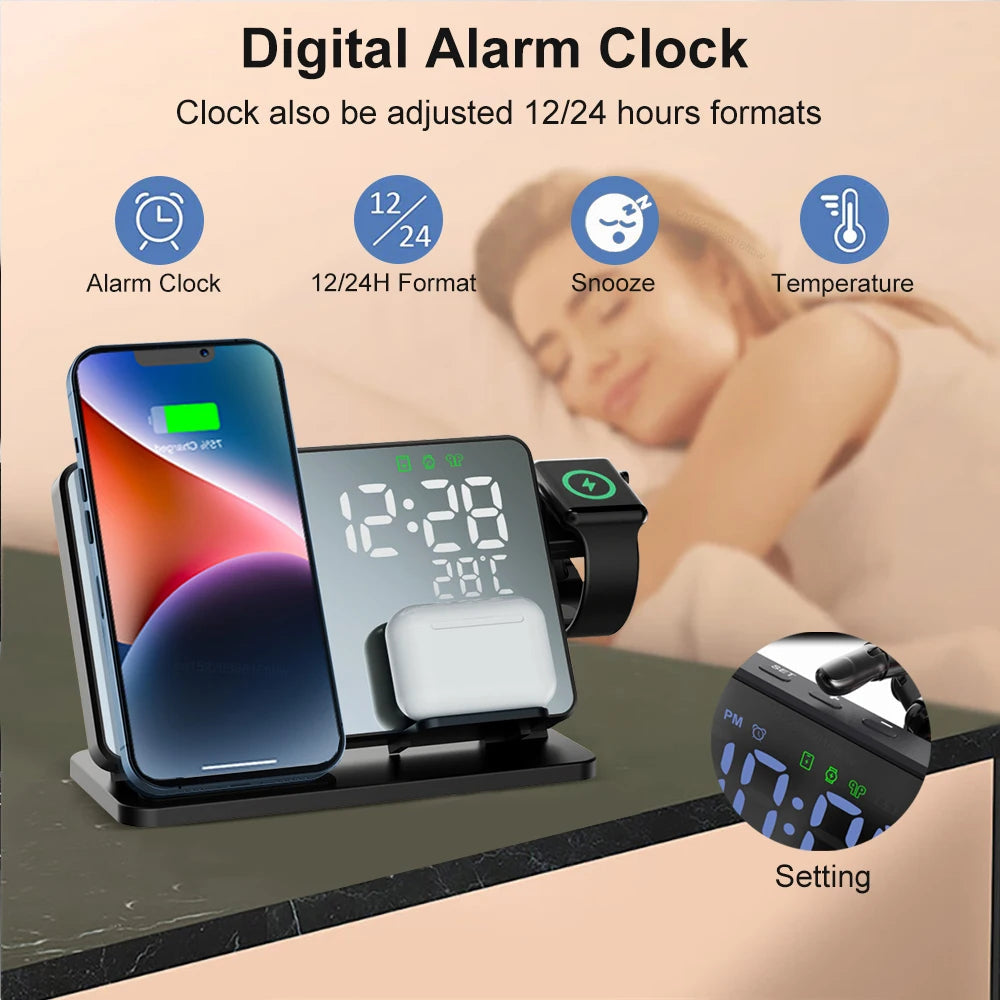Station de Charge 3-en-1 | Station de Charge Sans Fil Premium avec Réveil | pour Apple iPhone, Watch & AirPods