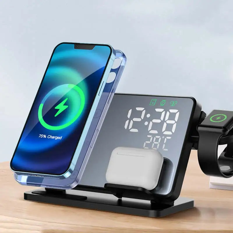 Station de Charge 3-en-1 | Station de Charge Sans Fil Premium avec Réveil | pour Apple iPhone, Watch & AirPods