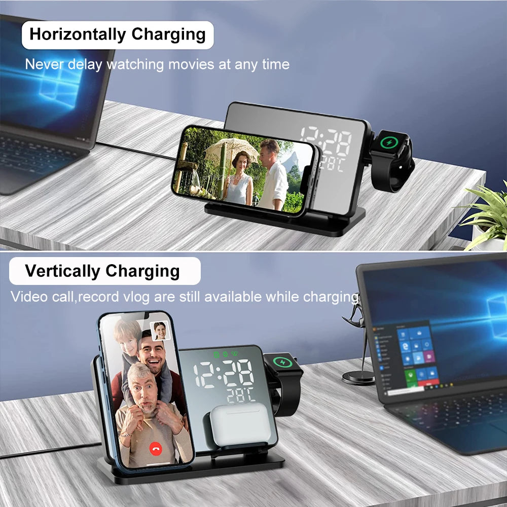 Station de Charge 3-en-1 | Station de Charge Sans Fil Premium avec Réveil | pour Apple iPhone, Watch & AirPods