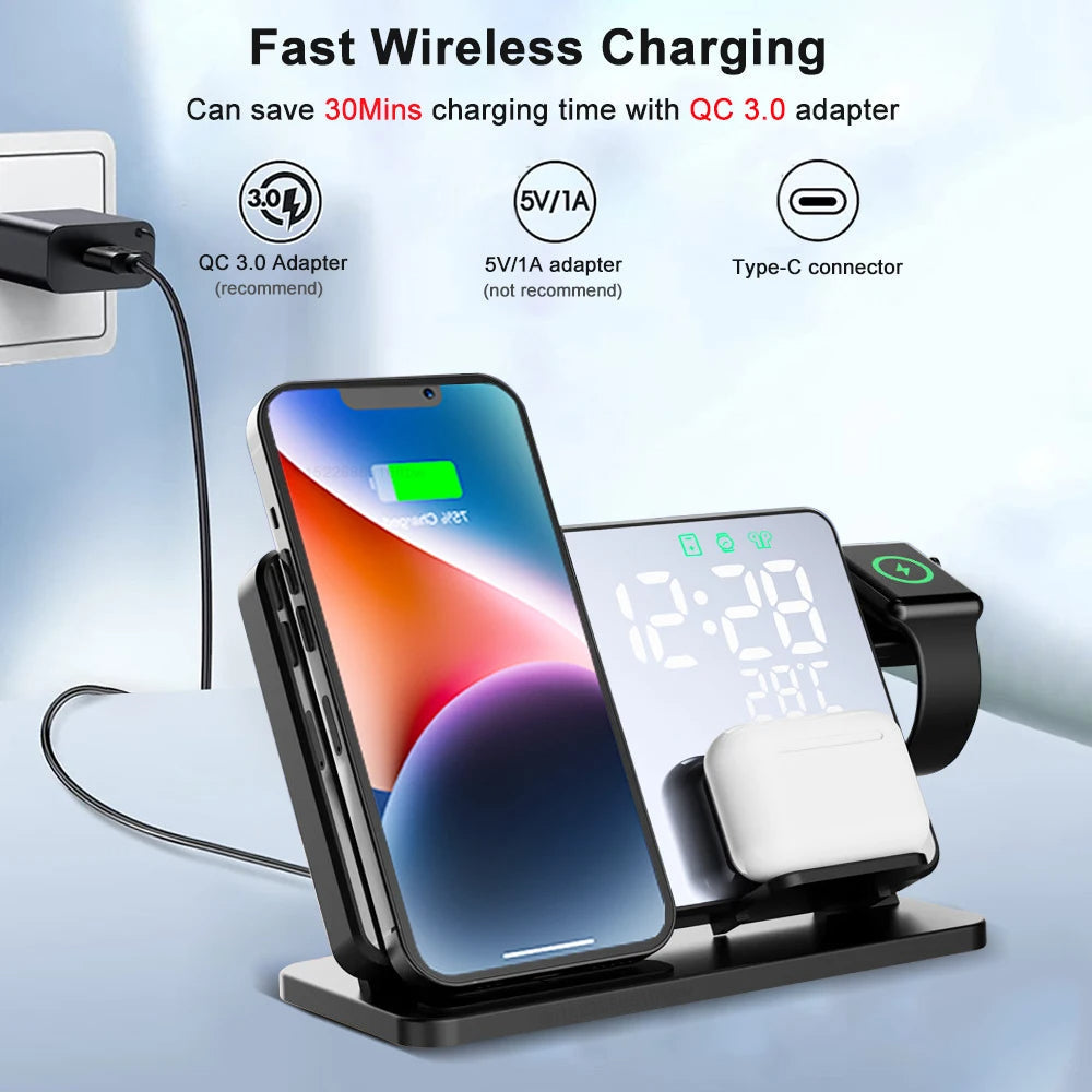 Station de Charge 3-en-1 | Station de Charge Sans Fil Premium avec Réveil | pour Apple iPhone, Watch & AirPods