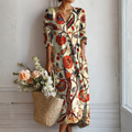 Robe Longue en Lin pour Femme avec Imprimé Floral Vintage et Poches