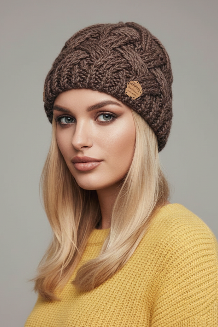 Chapeau en Tricot pour Femmes avec Bord Côtelé et Surface Tissée Texturée