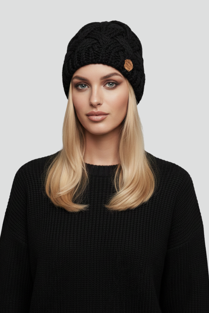 Chapeau en Tricot pour Femmes avec Bord Côtelé et Surface Tissée Texturée