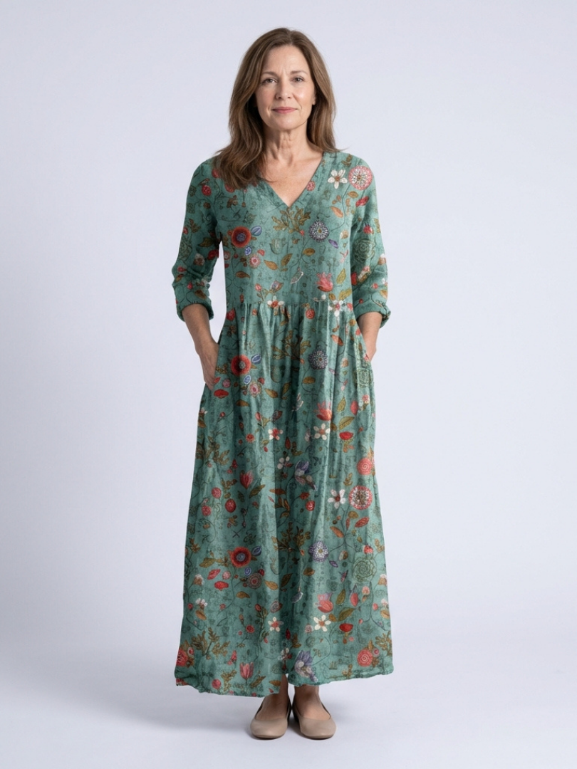 Marina | Robe Maxi à Fleurs avec Col en V et Manches Trois Quarts
