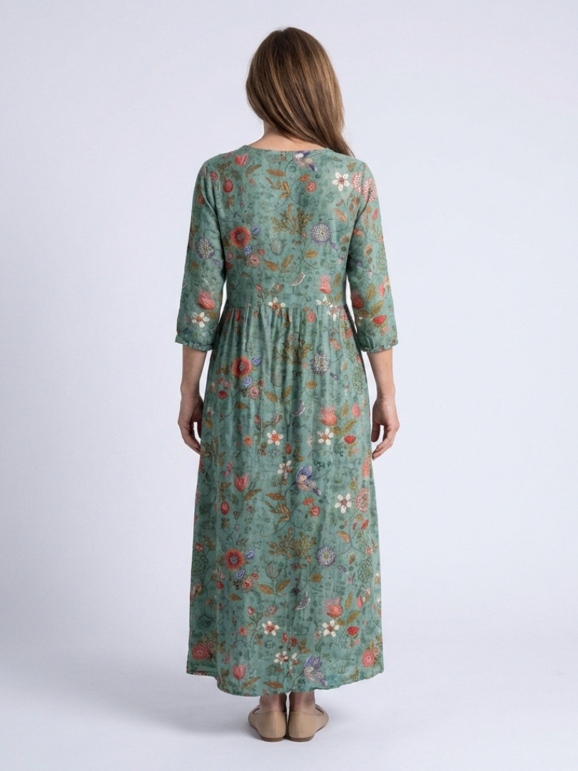 Marina | Robe Maxi à Fleurs avec Col en V et Manches Trois Quarts
