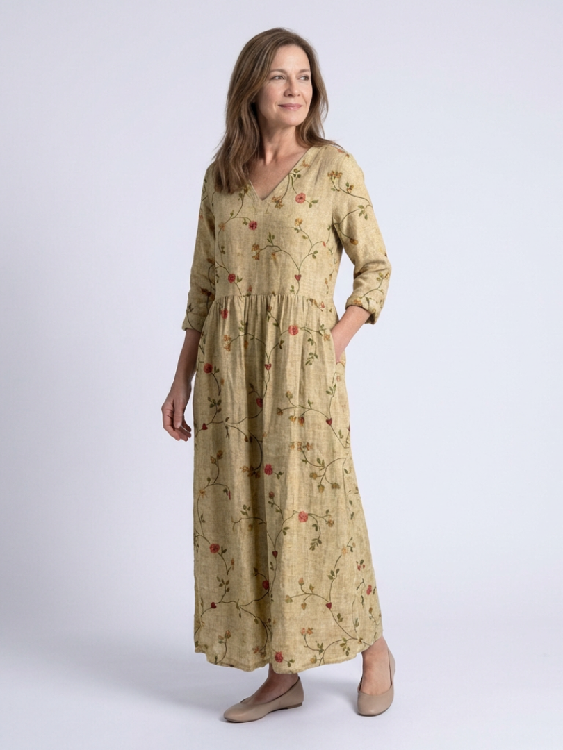 Marina | Robe Maxi à Fleurs avec Col en V et Manches Trois Quarts
