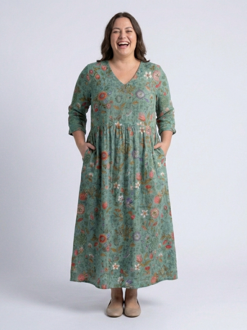 Marina | Robe Maxi à Fleurs avec Col en V et Manches Trois Quarts