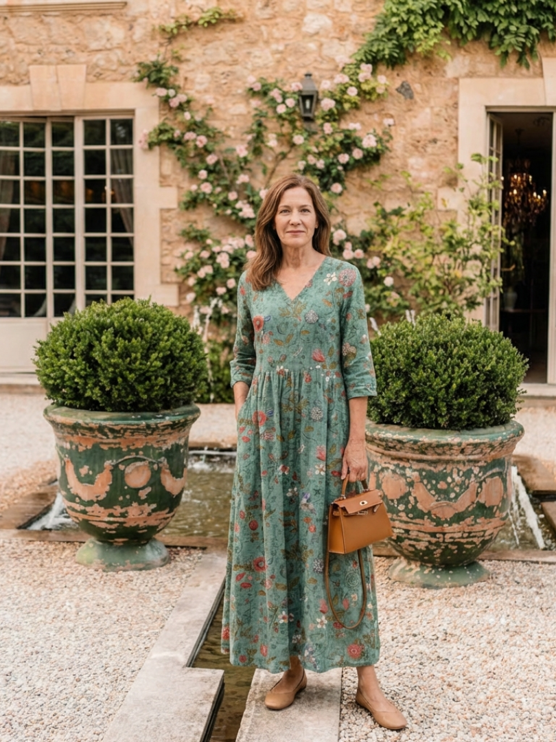 Marina | Robe Maxi à Fleurs avec Col en V et Manches Trois Quarts
