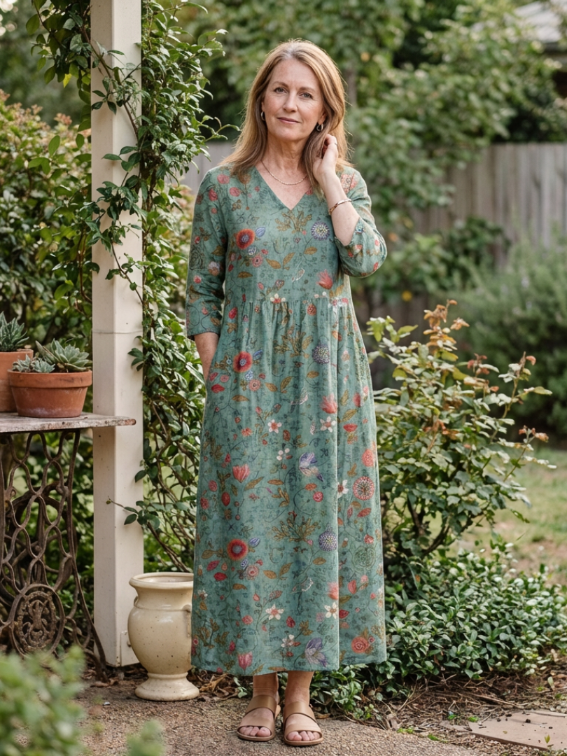 Marina | Robe Maxi à Fleurs avec Col en V et Manches Trois Quarts