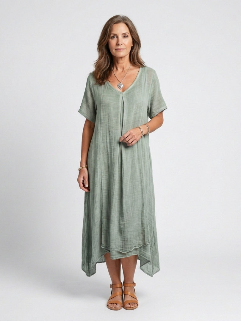 Marianne | Robe Midi à Manches Courtes et Col V