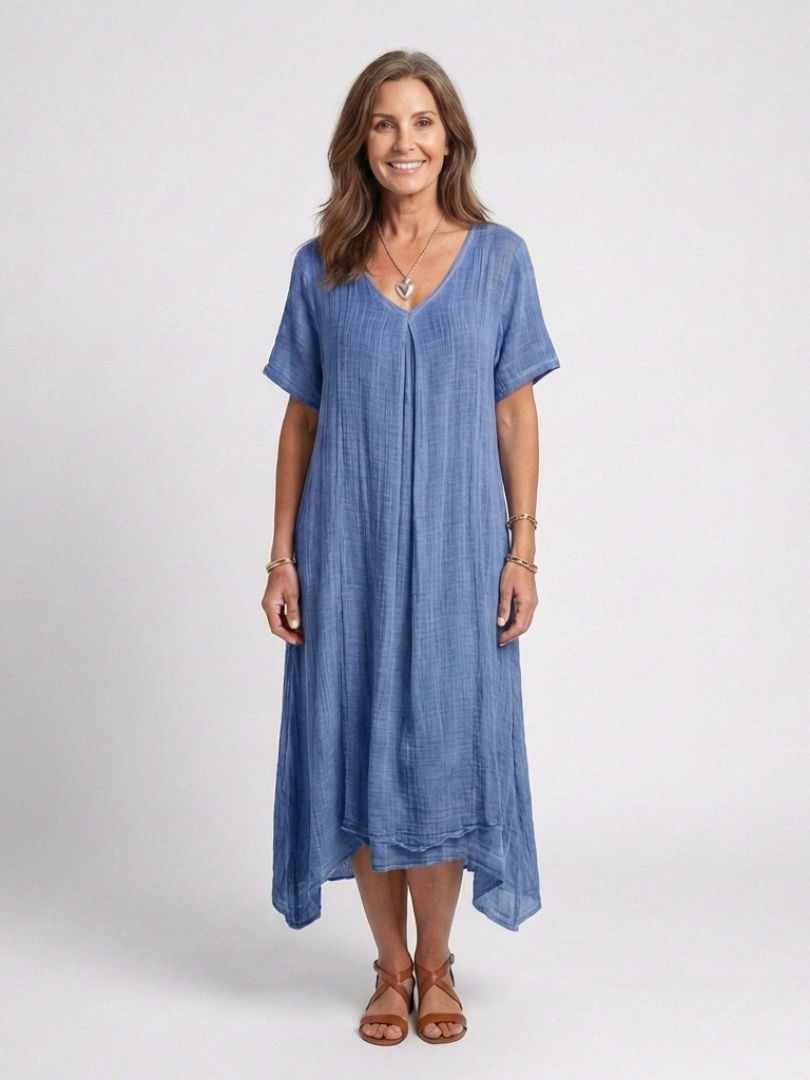 Marianne | Robe Midi à Manches Courtes et Col V