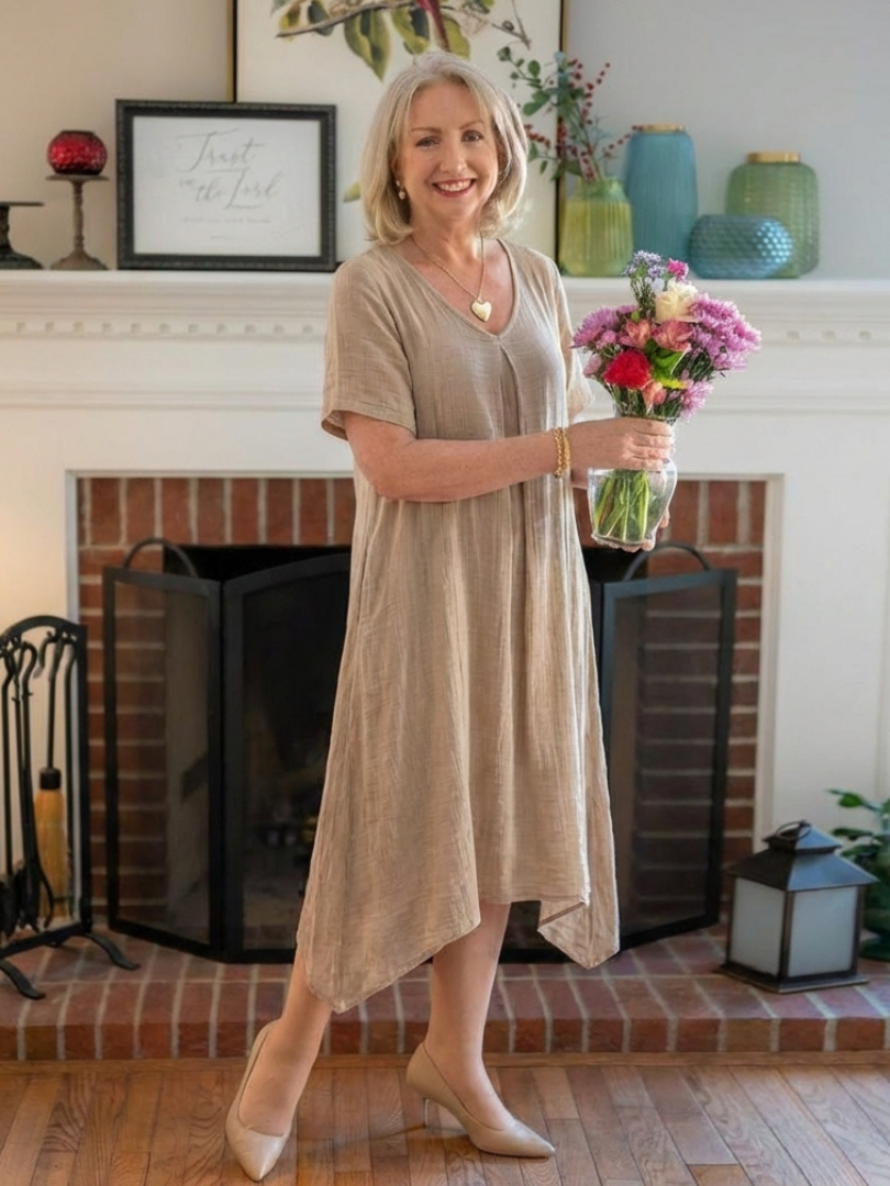 Marianne | Robe Midi à Manches Courtes et Col V