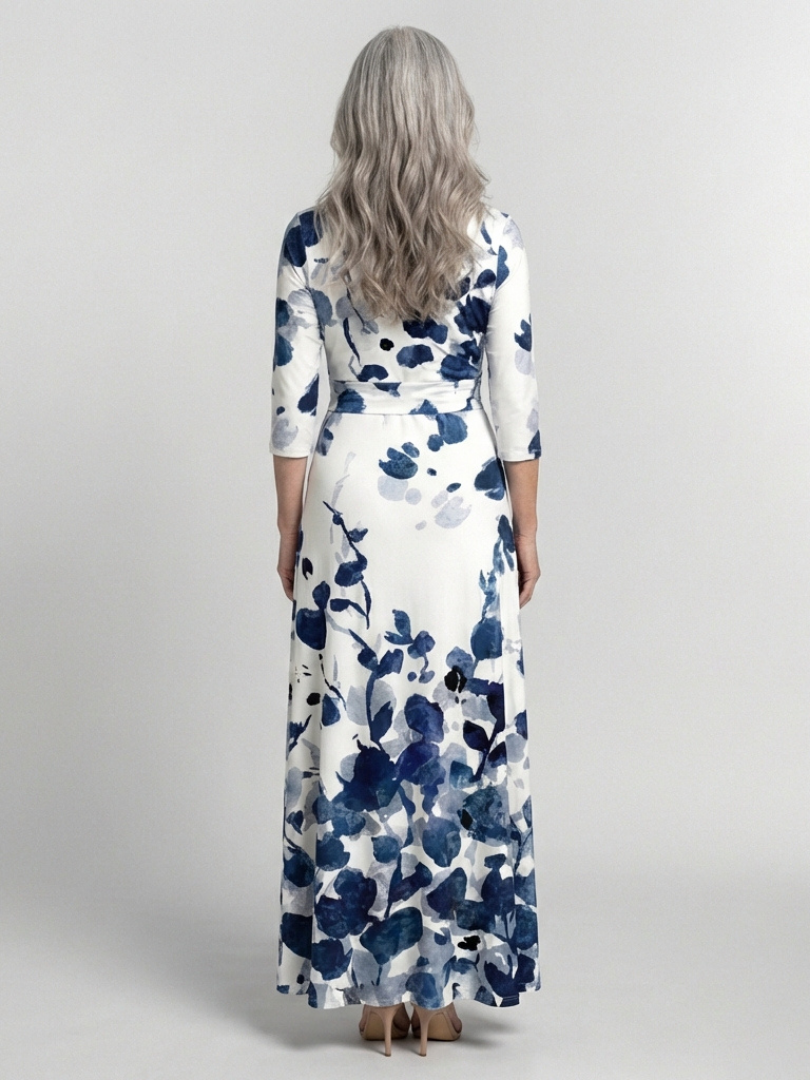 Eleanor | Robe Maxi Fleurie à Manches Trois Quarts et Décolleté en V