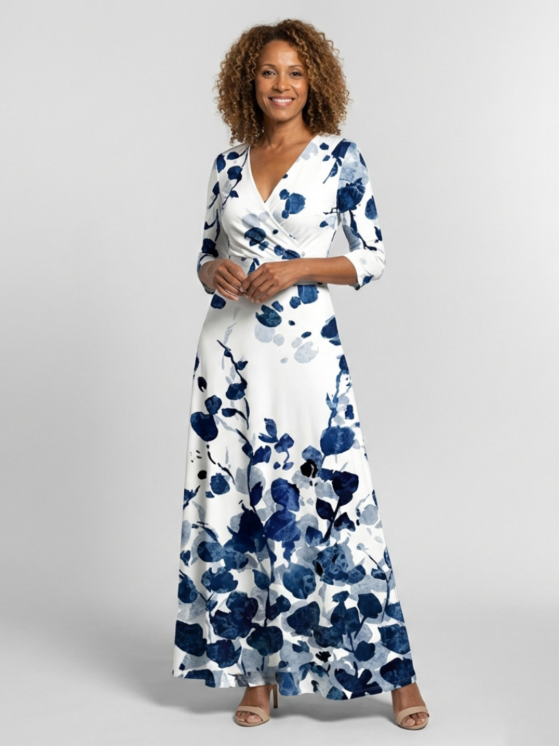 Eleanor | Robe Maxi Fleurie à Manches Trois Quarts et Décolleté en V