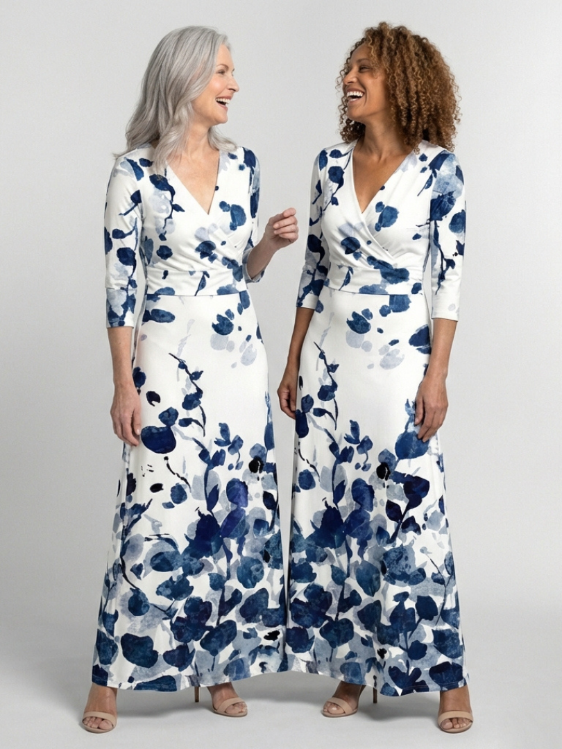 Eleanor | Robe Maxi Fleurie à Manches Trois Quarts et Décolleté en V