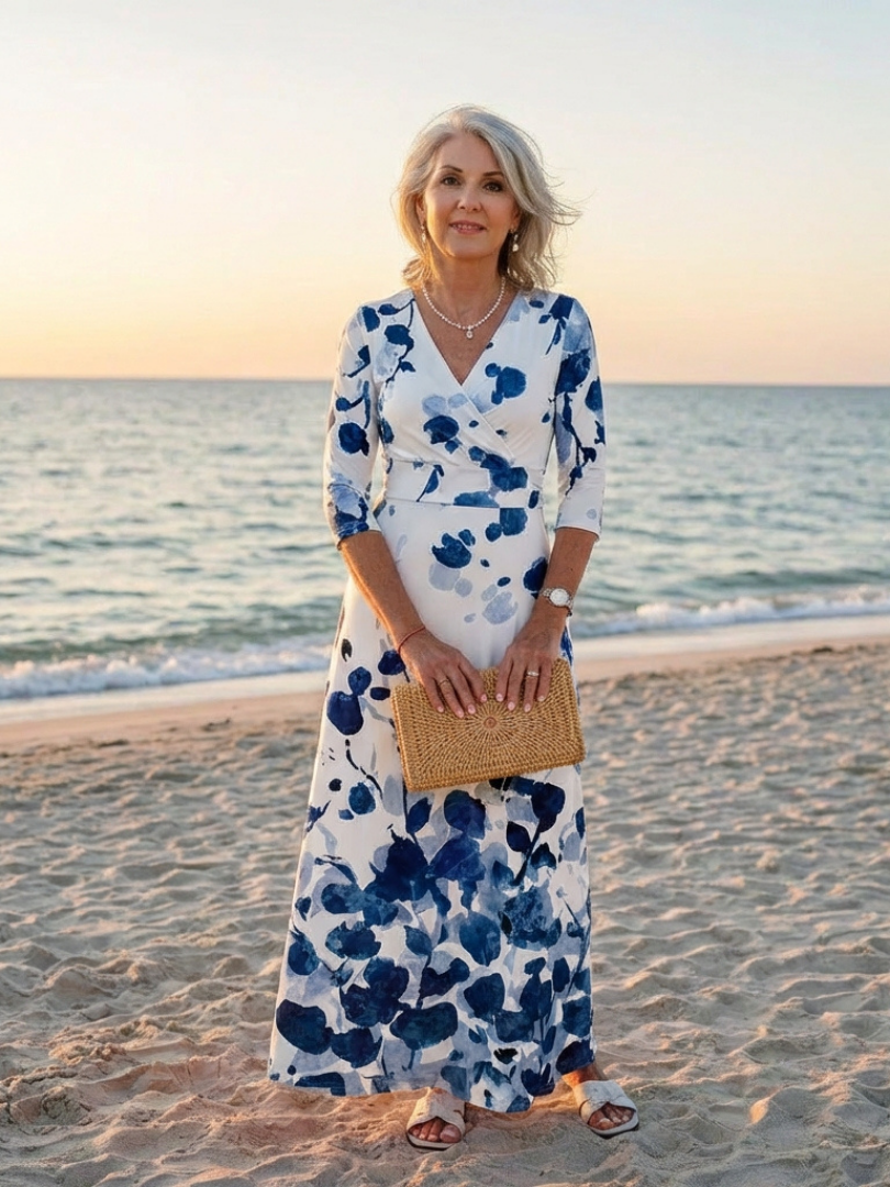 Eleanor | Robe Maxi Fleurie à Manches Trois Quarts et Décolleté en V