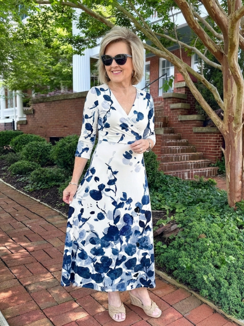 Eleanor | Robe Maxi Fleurie à Manches Trois Quarts et Décolleté en V