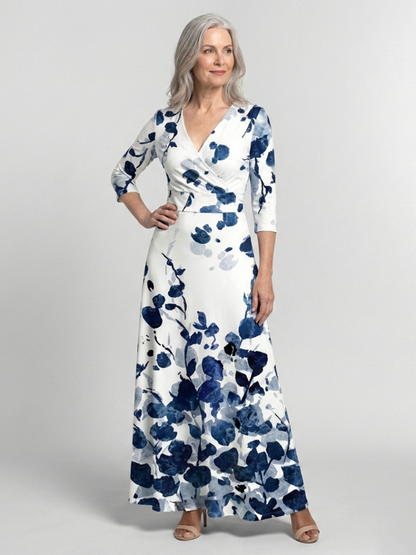 Eleanor | Robe Maxi Fleurie à Manches Trois Quarts et Décolleté en V