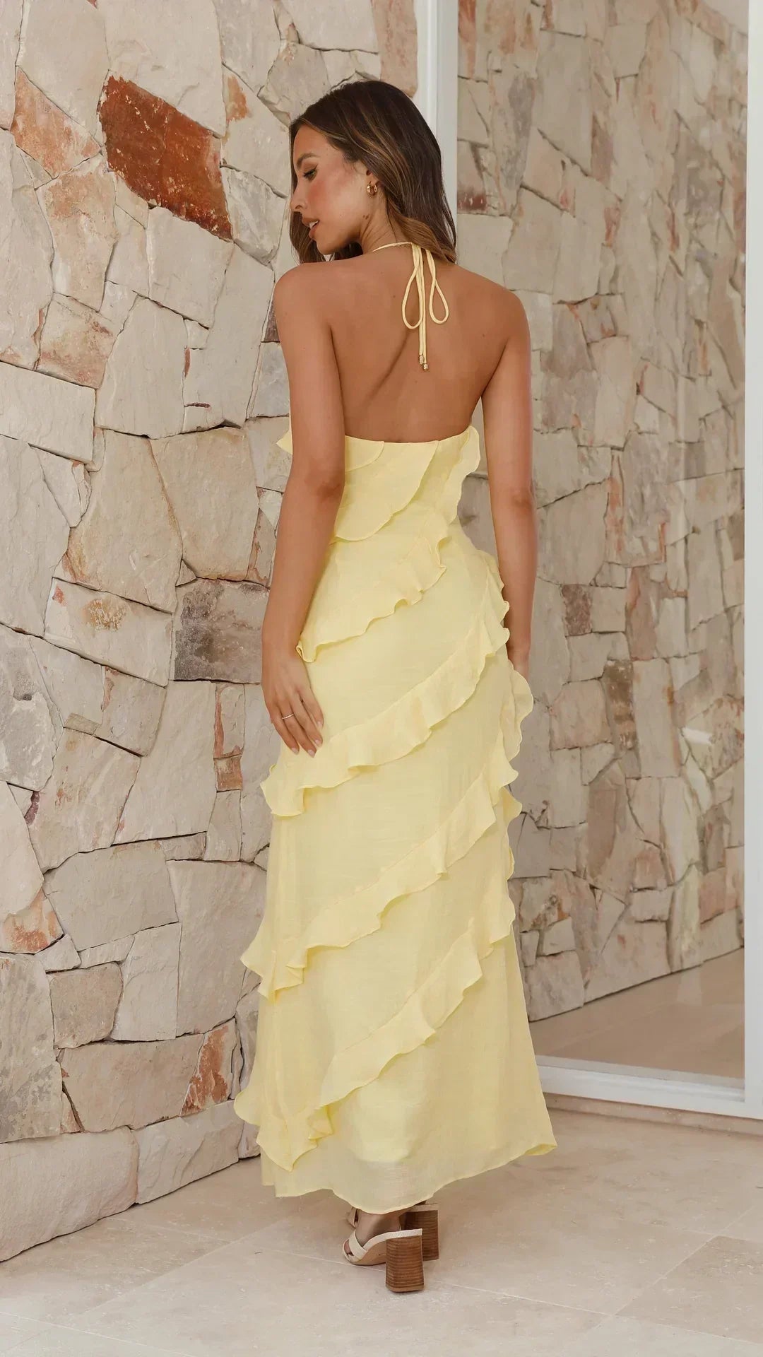 Robe Longue en Chiffon avec Volants et Décolleté en V à Taille Haute pour Femme