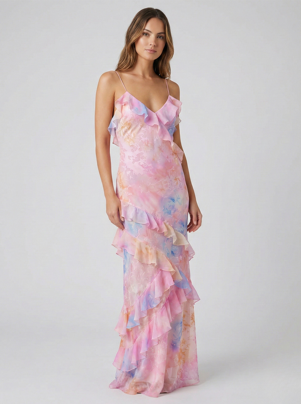 Robe Longue en Polyester avec Imprimé Aquarelle Abstrait et Volants en Cascade