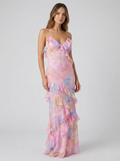Robe Longue en Polyester avec Imprimé Aquarelle Abstrait et Volants en Cascade