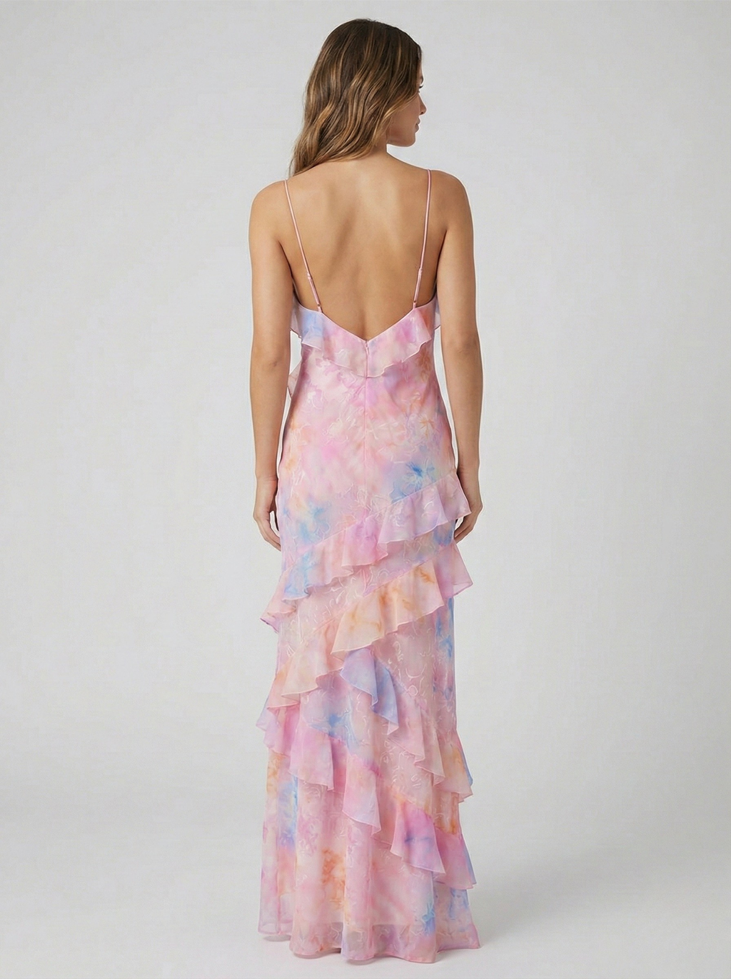 Robe Longue en Polyester avec Imprimé Aquarelle Abstrait et Volants en Cascade
