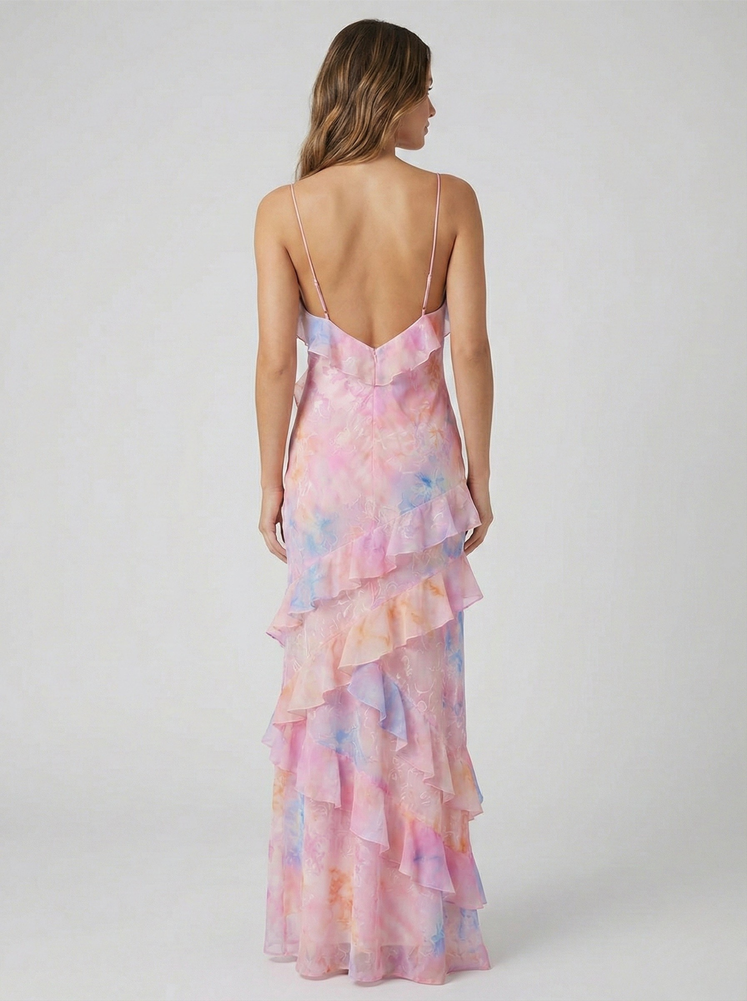 Robe Longue en Polyester avec Imprimé Aquarelle Abstrait et Volants en Cascade