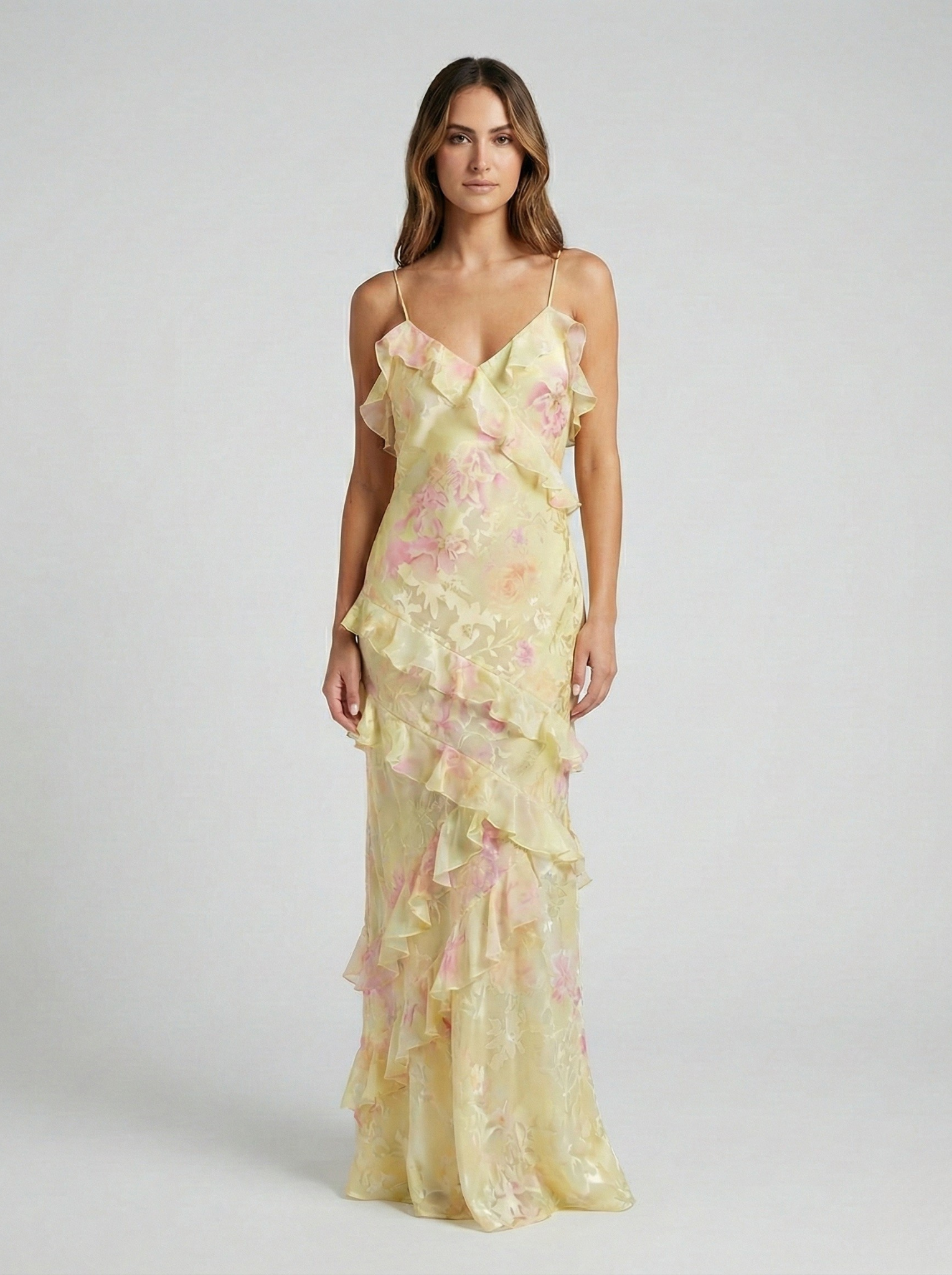 Robe Longue en Polyester avec Imprimé Aquarelle Abstrait et Volants en Cascade