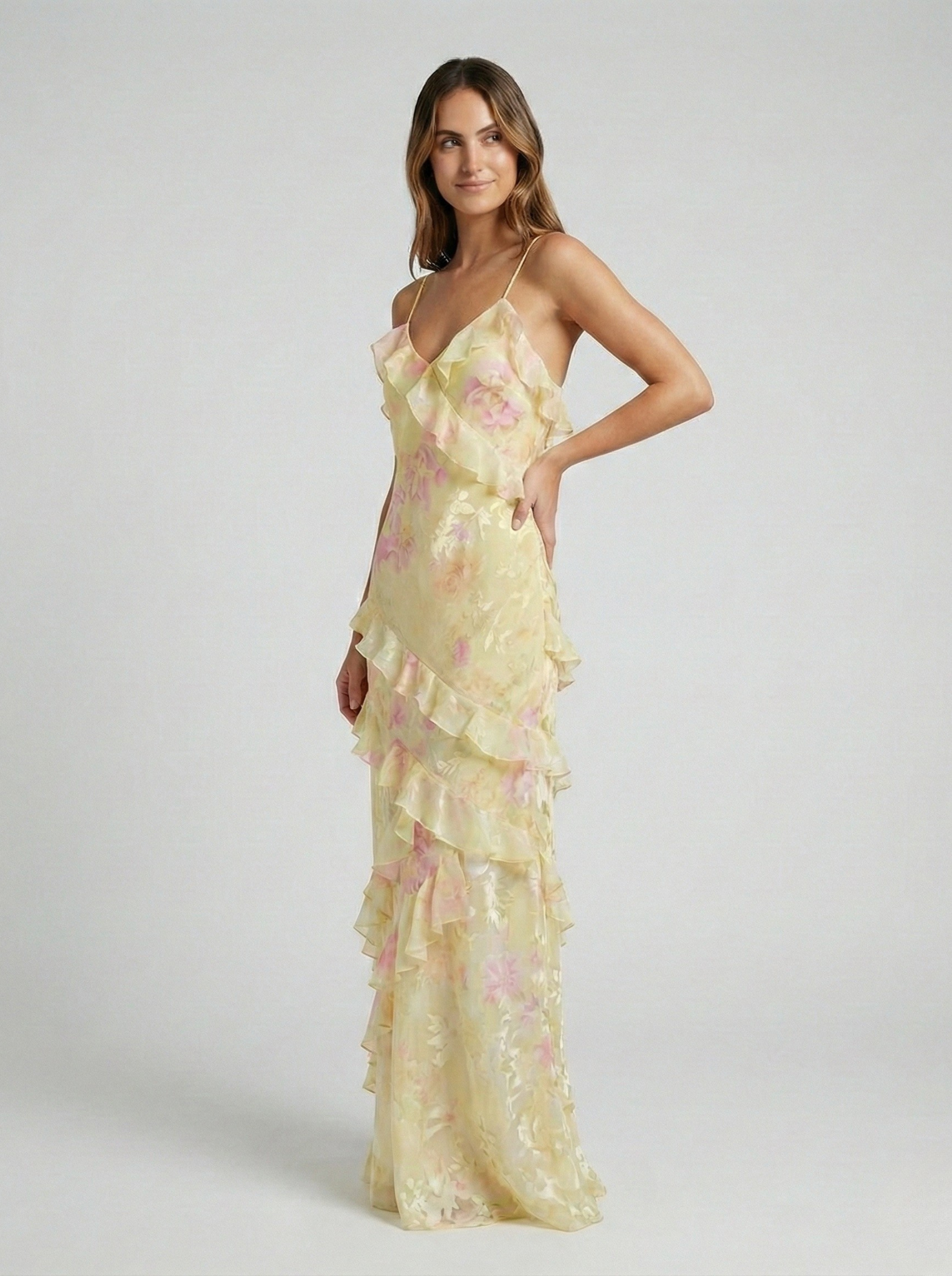 Robe Longue en Polyester avec Imprimé Aquarelle Abstrait et Volants en Cascade