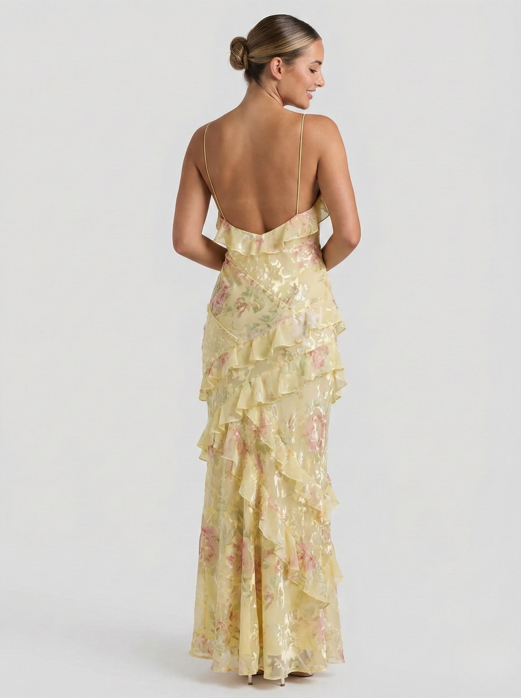 Robe Longue en Polyester avec Imprimé Aquarelle Abstrait et Volants en Cascade