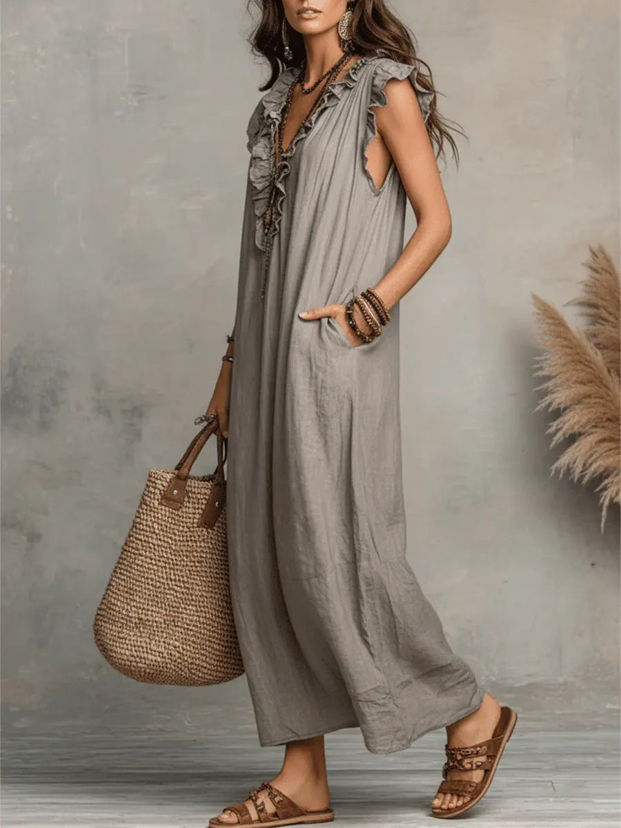 Robe longue femme | Robe maxi en look lin avec col volanté et poches