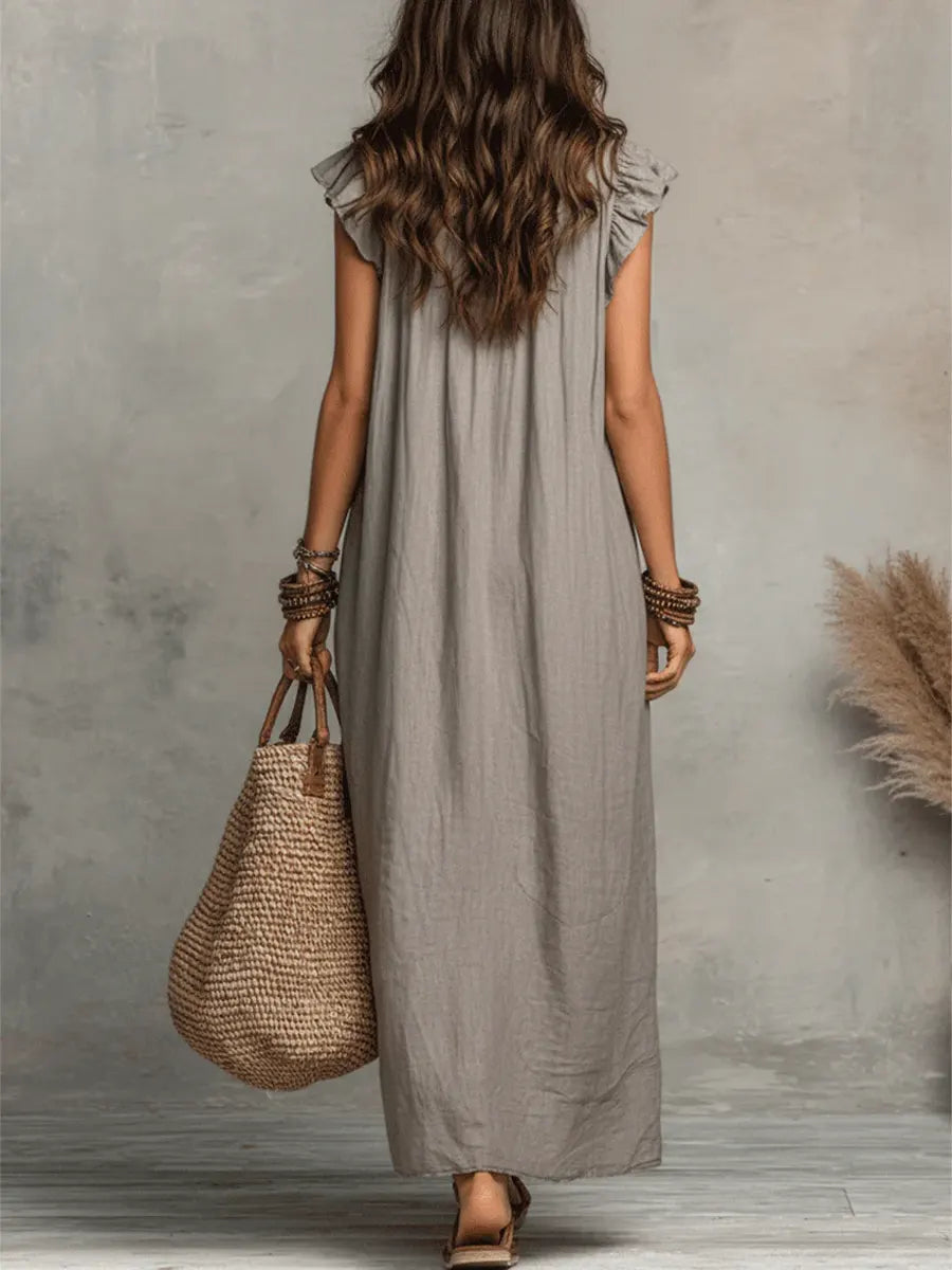 Robe longue femme | Robe maxi en look lin avec col volanté et poches
