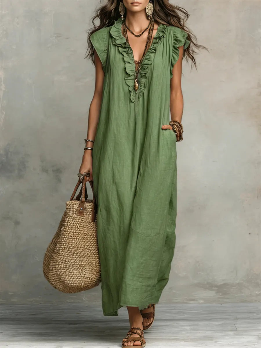 Robe longue femme | Robe maxi en look lin avec col volanté et poches