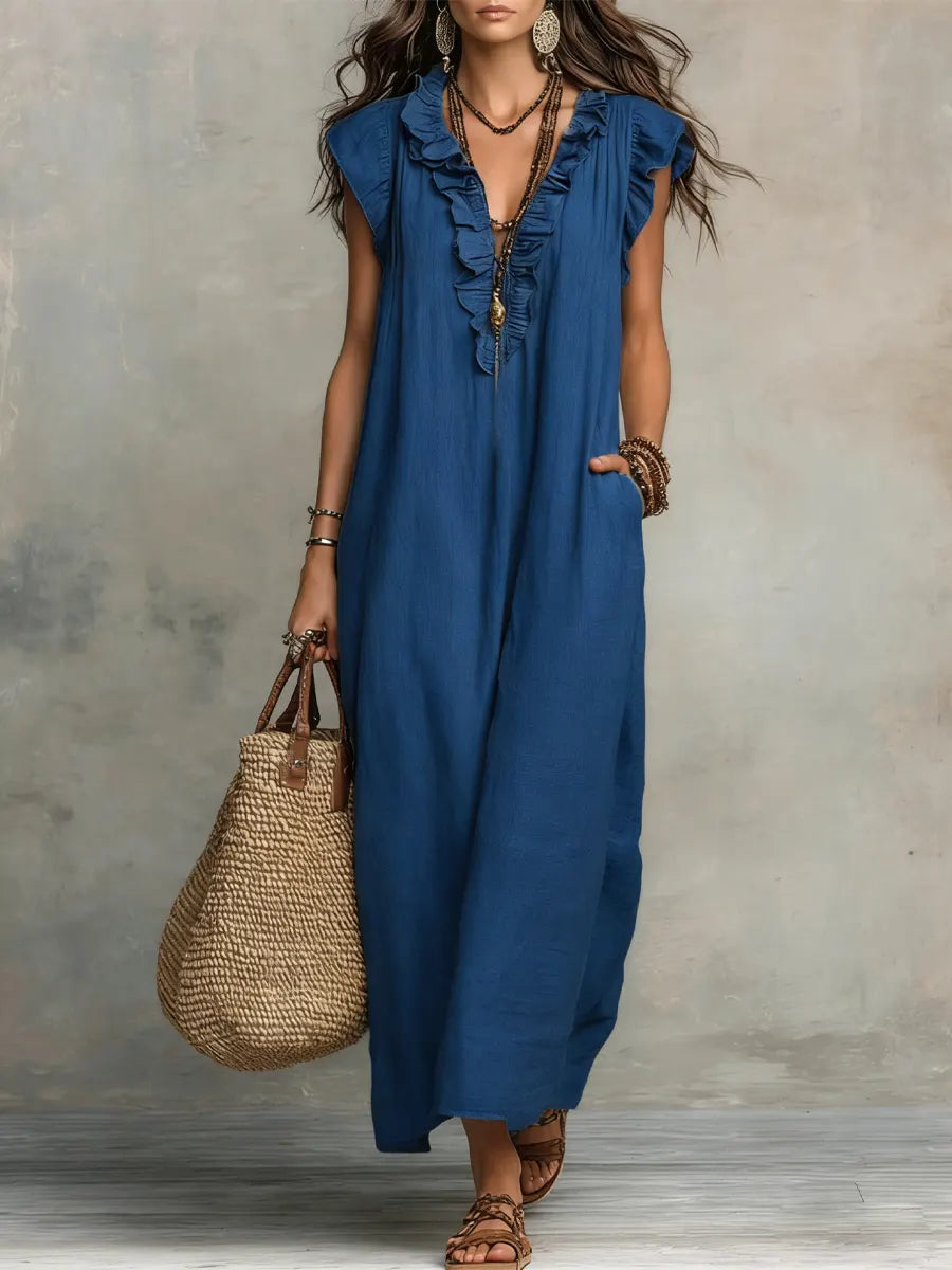 Robe longue femme | Robe maxi en look lin avec col volanté et poches