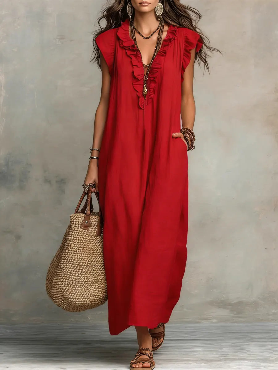Robe longue femme | Robe maxi en look lin avec col volanté et poches