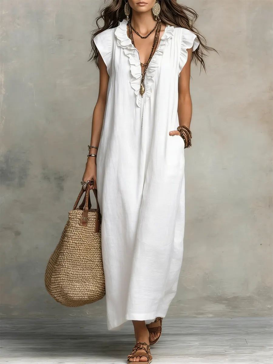 Robe longue femme | Robe maxi en look lin avec col volanté et poches