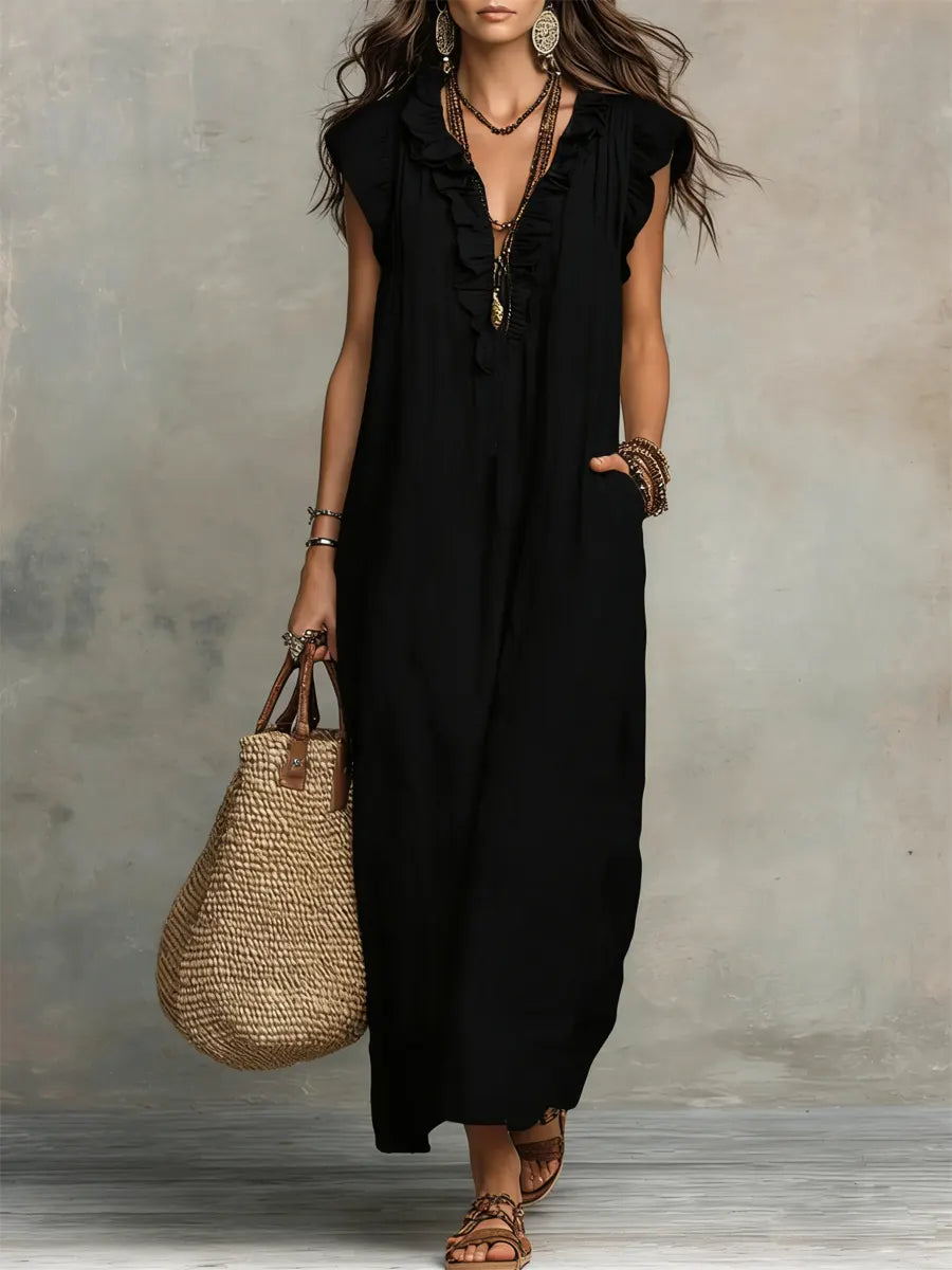 Robe longue femme | Robe maxi en look lin avec col volanté et poches