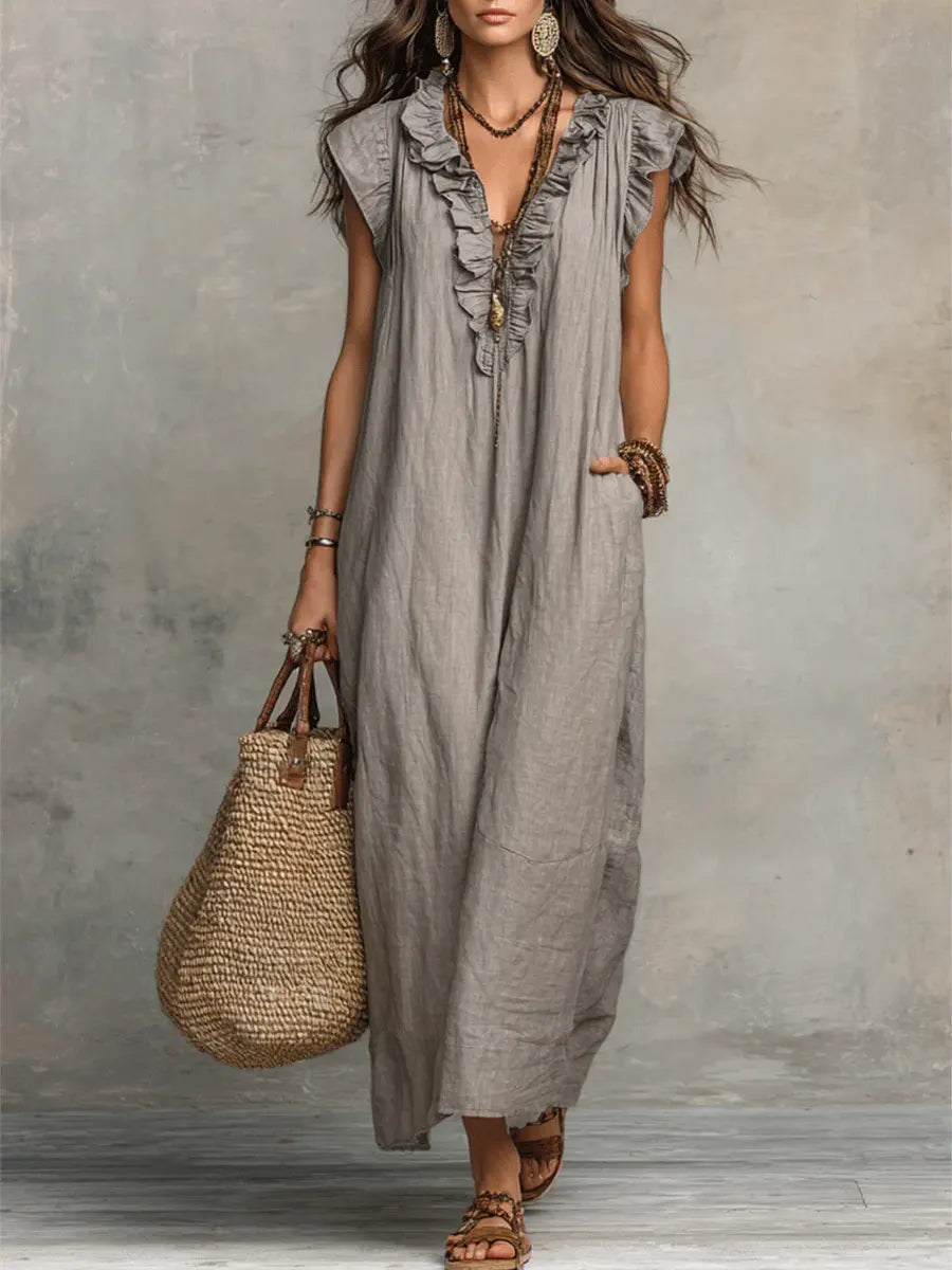 Robe longue femme | Robe maxi en look lin avec col volanté et poches
