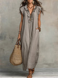Robe longue femme | Robe maxi en look lin avec col volanté et poches