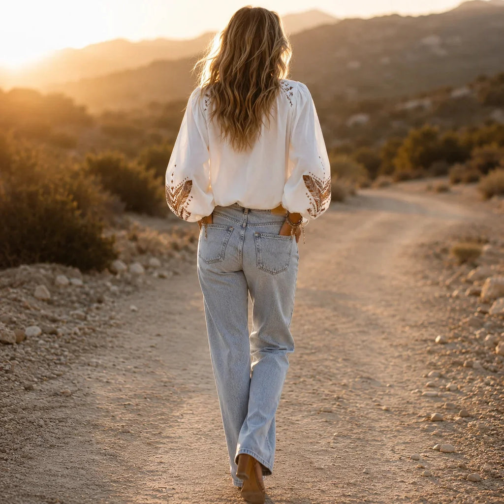 Soluna – Blouse Boho Brodée, Col en V, Manches Bouffantes