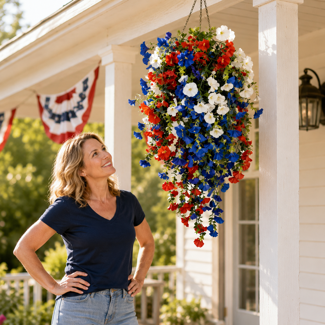 Liberty Bloom – Panier de Fleurs Suspendu Patriotique avec Lumières LED, Fleurs en Soie Rouge, Blanche et Bleue pour la Décoration de Porche du 4 Juillet
