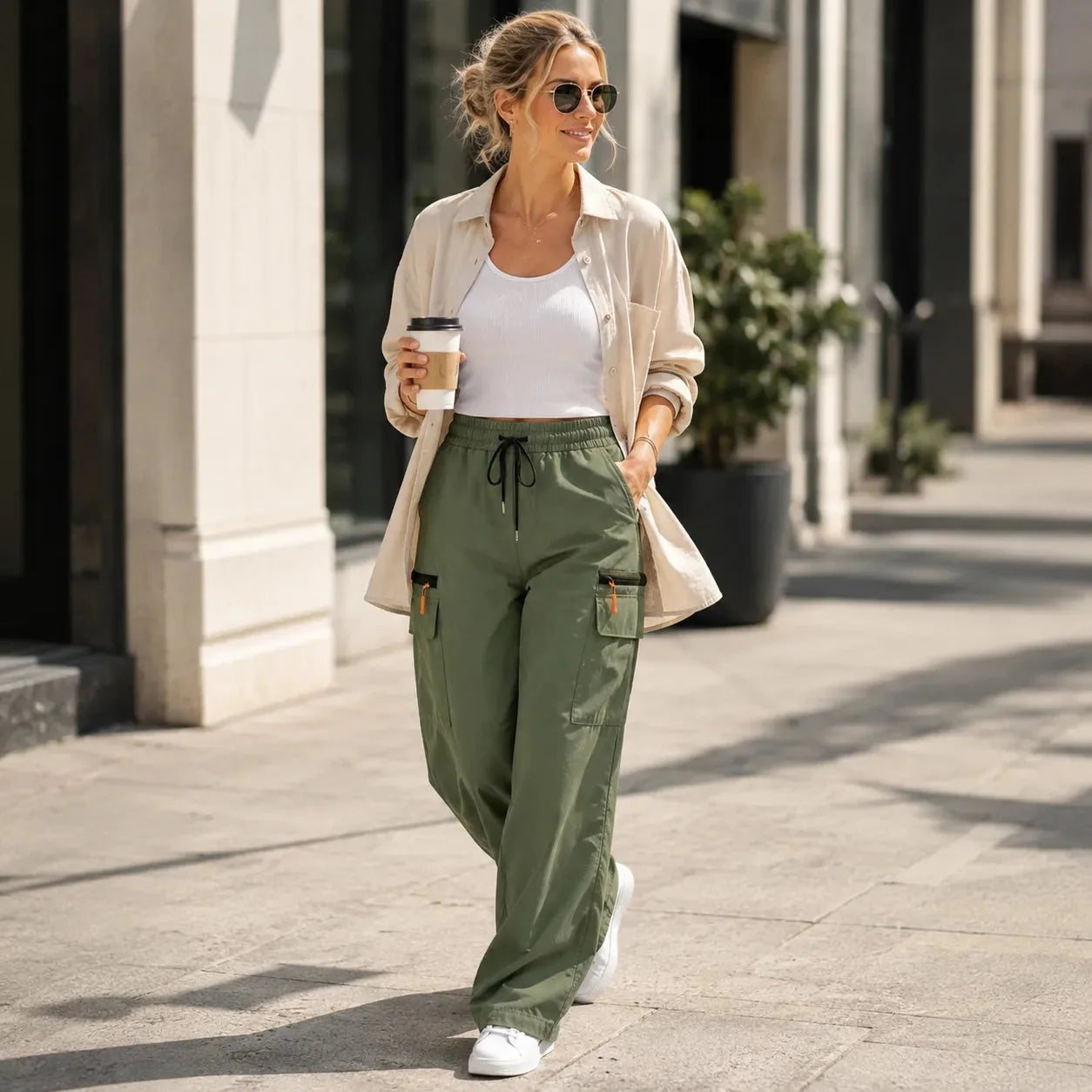 Solene – Pantalon cargo à jambes larges avec cordon de serrage et poches
