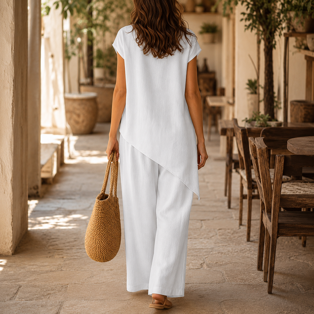 Elovena – Ensemble assorti à ourlet asymétrique avec pantalons à jambes larges